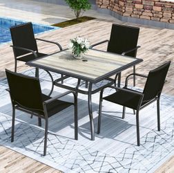 Anmutig Outdoor Dining Table with Square Wooden-Like PVC Table Top and Umbrella Hole for Bistro, Garden, Poolside, Backyard -Laminated Top Black Metal