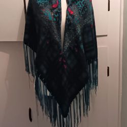 Women's Green & Black Printed Shawl w/Fringe Wrap
