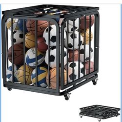 MR Foldable Ball Cart with Wheels, Heavy-Duty Ball Cage Garage Sports Equipment Organizer, Collapsible Metal Rolling Multi Sports Ball Storage for Gym