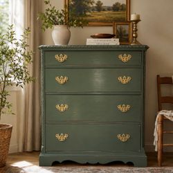 Vintage solid wood restored distressed dresser with beautiful carved molding trim