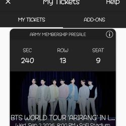 BTS SoFi LA Concert - 2 Tickets - 9/2