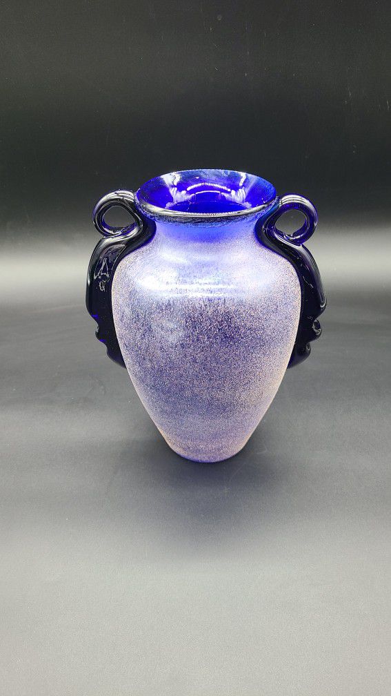 Blue Speckled Frosted Glass Vase With Clear Blue Handles