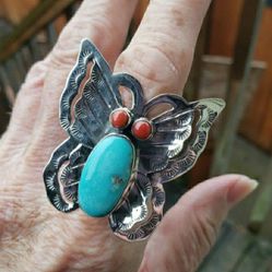 Sterling Silver Butterfly Turquoise Coral NEW Ring Sz 8.25