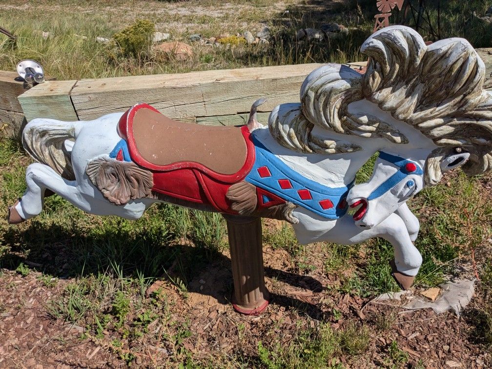 Beautiful Mexican Made Cast Aluminum And Hand-painted Horse carousel measures 46 in high made in Mexico