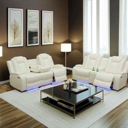 Power Electric White Leather Fully Reclining Couch Set