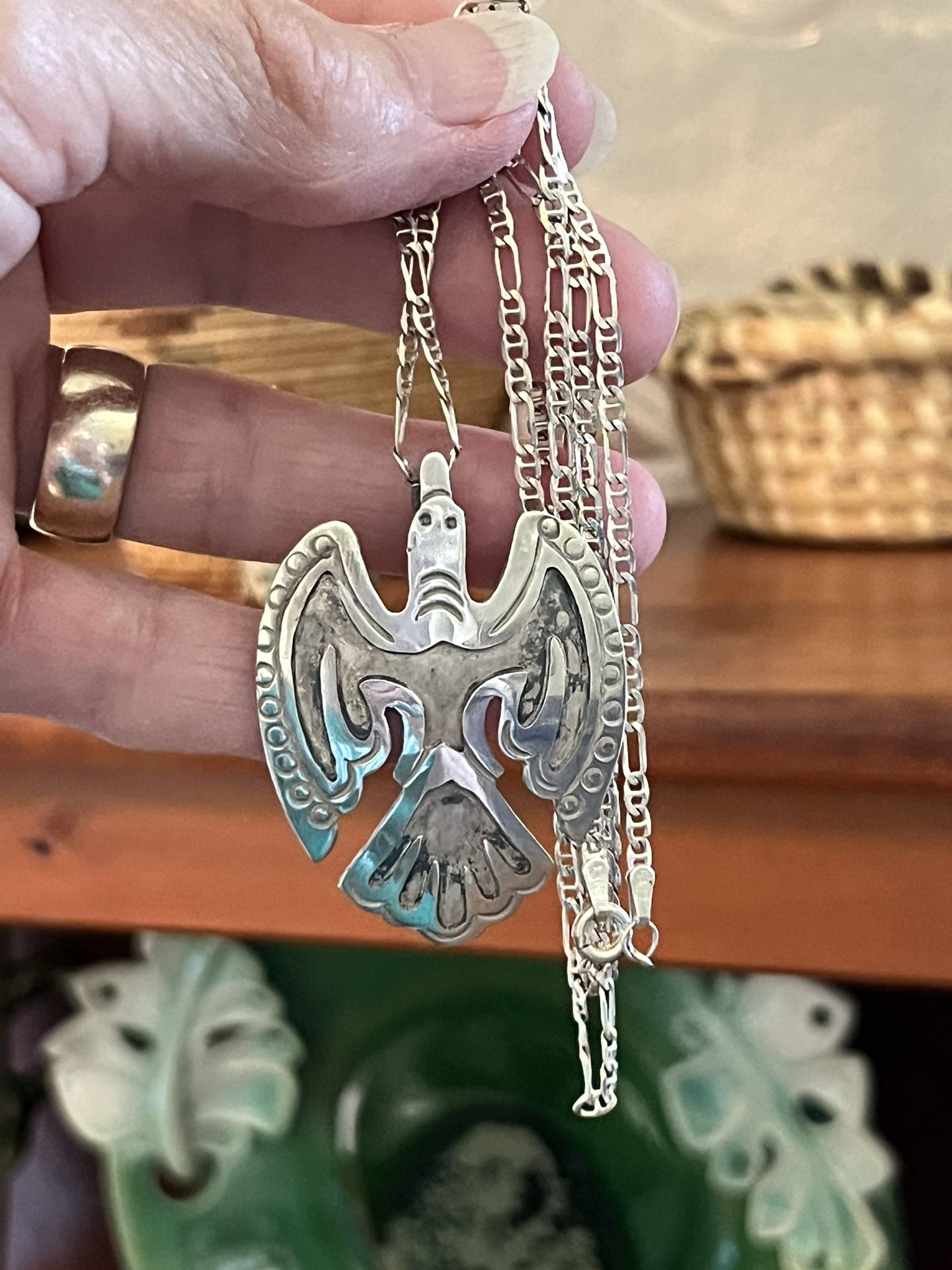 Vintage Sterling Silver Peyote Bird Pendant Necklace 
