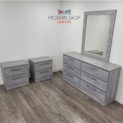 DRESSER WITH MIRROR AND TWO NIGHTSTANDS 