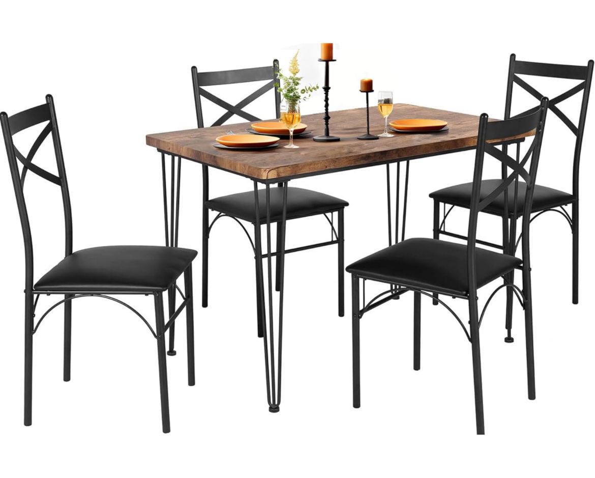 VECELO 5-Piece Set for Home Kitchen Breakfast Nook, with 4 Chairs, Black, Dining Table for 4, Retro Brown