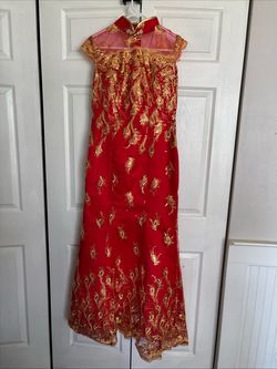Red and Gold Embroidered Qipao Gown