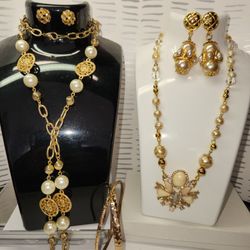 #2450, EXQUISITE VICTORIAN LOT OF JEWELRY 6 ITEMS, RHINESTONES & FAUX PEARLS