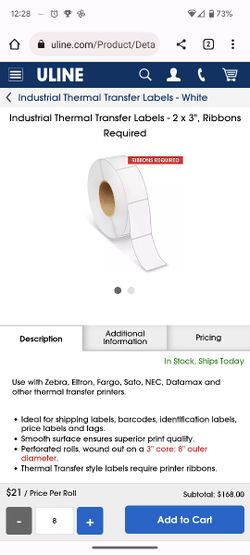 Industrial Thermal Transfer Labels Uline Model S-6784