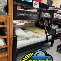 New Twin Full Black Pinewood Bunk Bed With Both Mattresses 