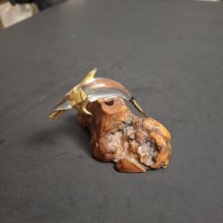 Vintage Small Hand Blown Art Glass Dolphin With 22K Gold Accents On Fins & Snout Mounted On Burl Wood Stand 3"L X 2"H