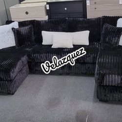 ✅️✅️3 pc black fur like jumbo corduroy fabric sectional sofa with double chaise✅️✅️