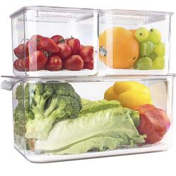 elabo Food Storage Containers Fridge Produce Saver- 3 Piece Set Stackable Refrigerator Organizer Keeper Drawers Bins Baskets with Lids and Removable D