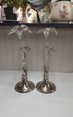 Pair of Vintage Silverplated Handblown Lily Bud Vases- Located in Shelton