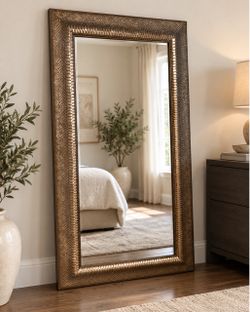 Large Floor Mirror with Golden Bronze Embossed Frame