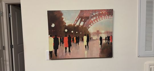 Paris Remembered by Lorraine Christie, 24" x 32” and two long stem orange flowers