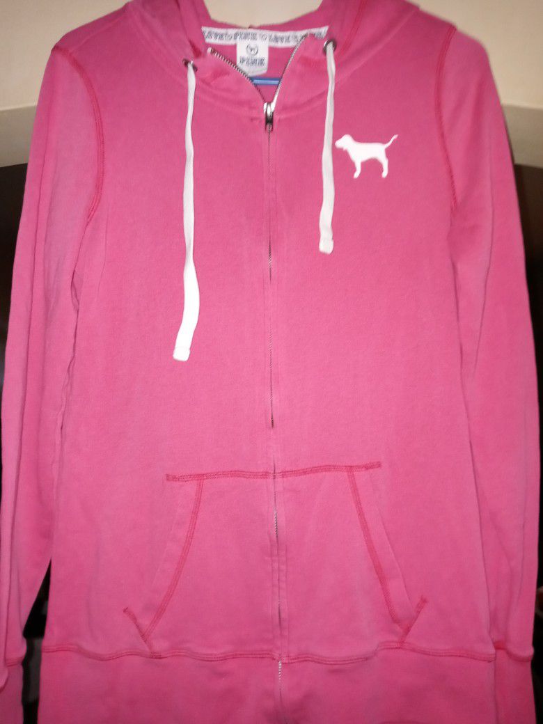 Victoria Secret LOVE PINK Campus Hoodie XS pink Tunic Long Full Zip Dog rare size small $25