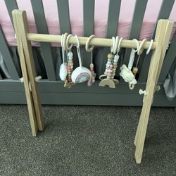 Wooden Baby Gym with 6 Baby Toys, Foldable Baby Play Gym