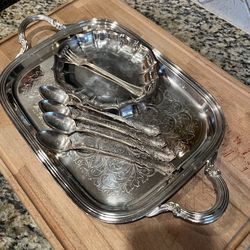 Lot Of SILVER PLATED TRAY, SPOONS, FORKS & DISH! CHEAP FROM ROGERS AND ONEIDA AND CRESENT! 1 OWNER NICE!