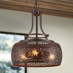 4384: New Chandelier Rustic Farmhouse Industrial Round Ceiling Pendant LED Light Fixture with Later-Cut Openwork Drum Shade, H 15.7" x W 13.4", Oil Ru