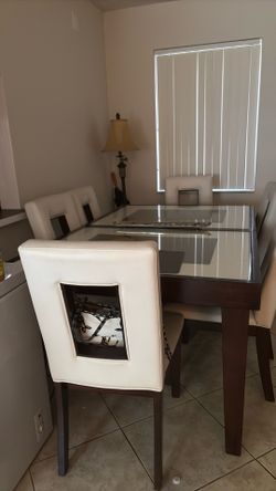 Dark wood glass table and 6 chairs, including hutch