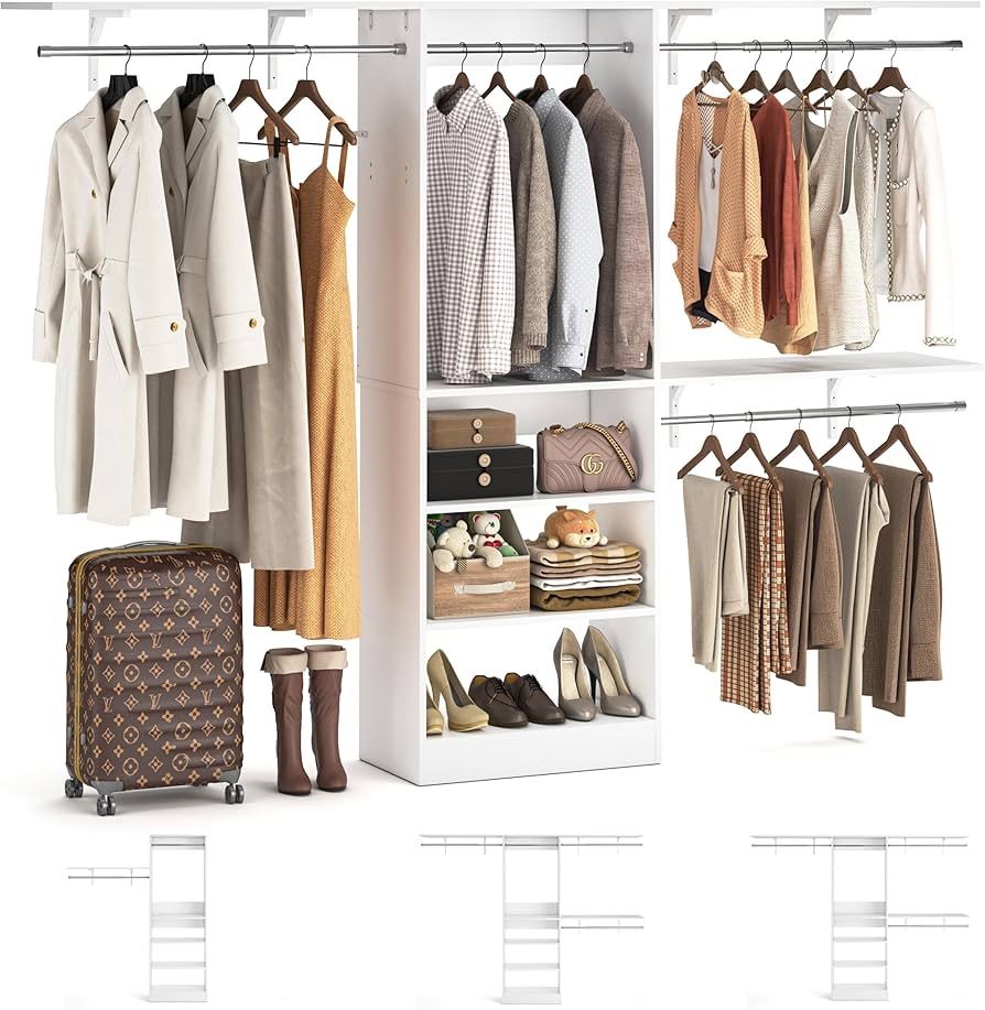 8FT Closet System with Shelves, 96'' Closet Organizer System with 3 Hanging Rods, Wall Mount Bedroom Wardrobe Walk-in Closet, Adjustable Cloth Garment