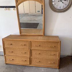 Vintage  Bamboo Rattan Dresser With Mirror 