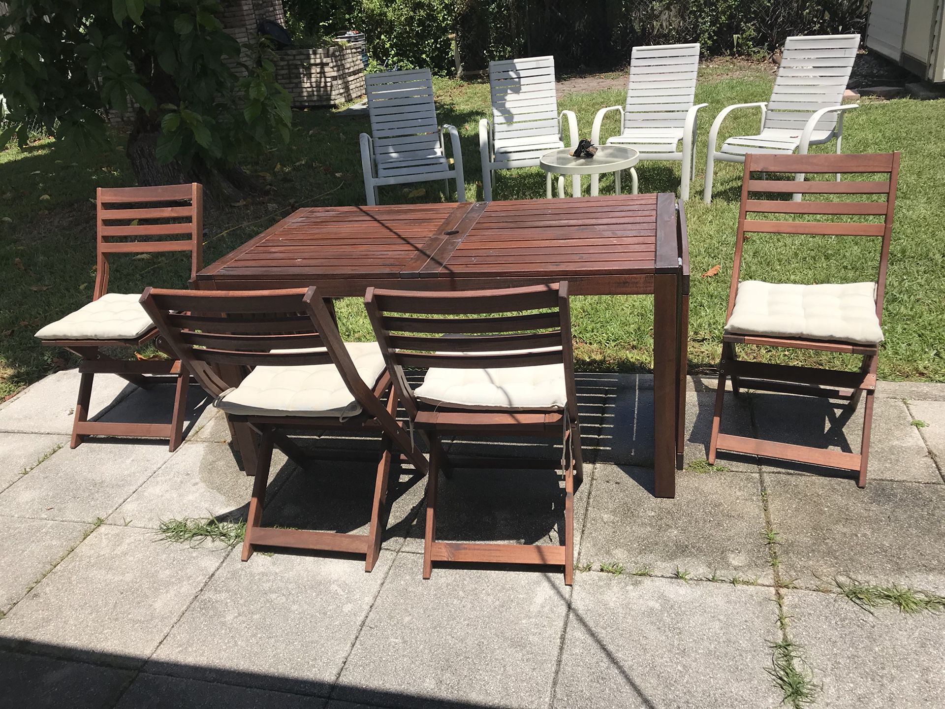 IKEA outdoor table and chairs (brown set w/ seat covers)