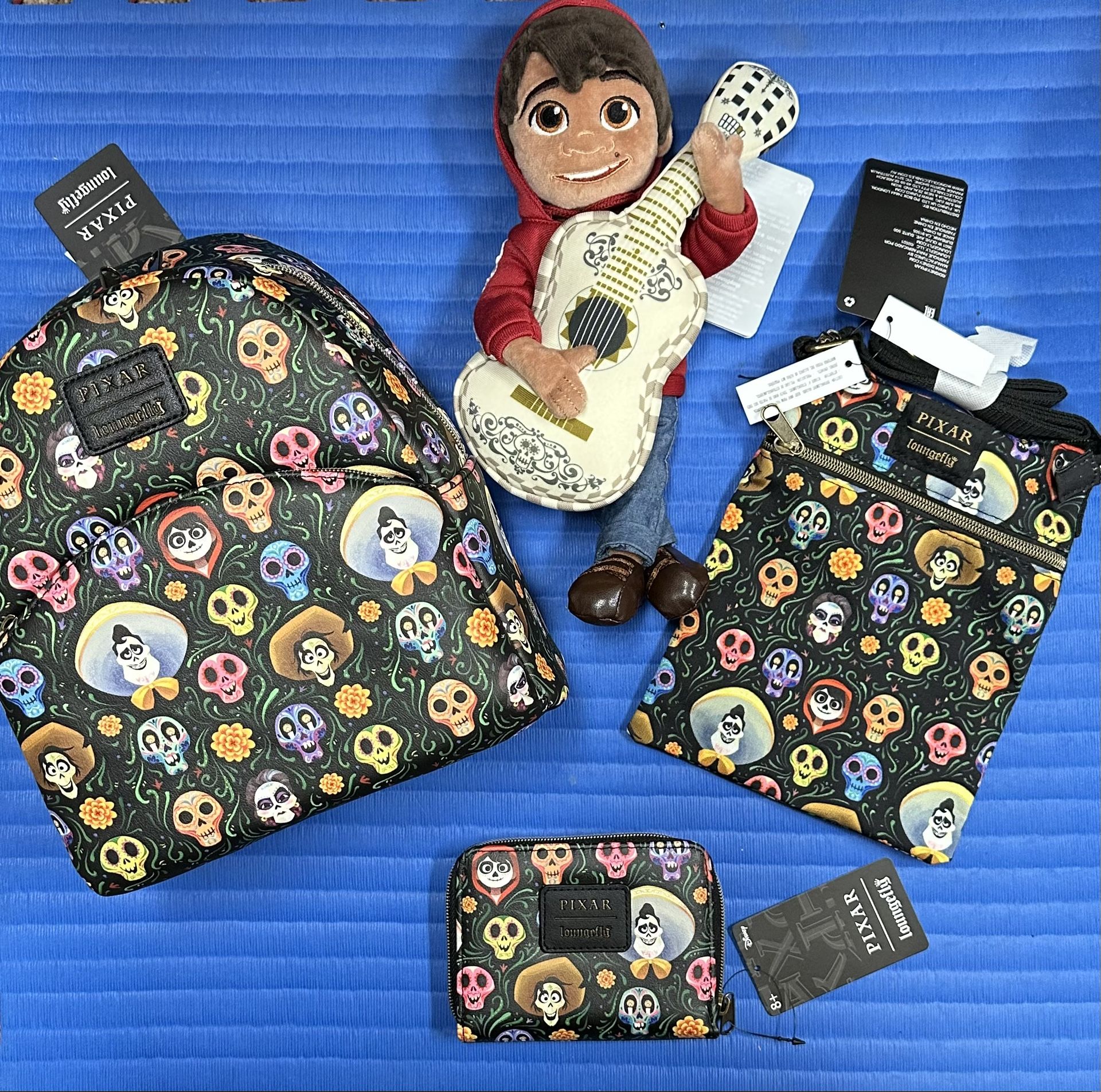 Loungefly Disney Pixar Coco AOP Bundle - Includes: Mini Backpack, Matching Wallet, Matching Crossbody and Free Coco Plush Doll - ALL NWTs Smoke Free