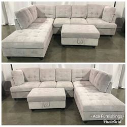 Brand New Grey Chenille Fabric Sectional With Storage Ottoman 
