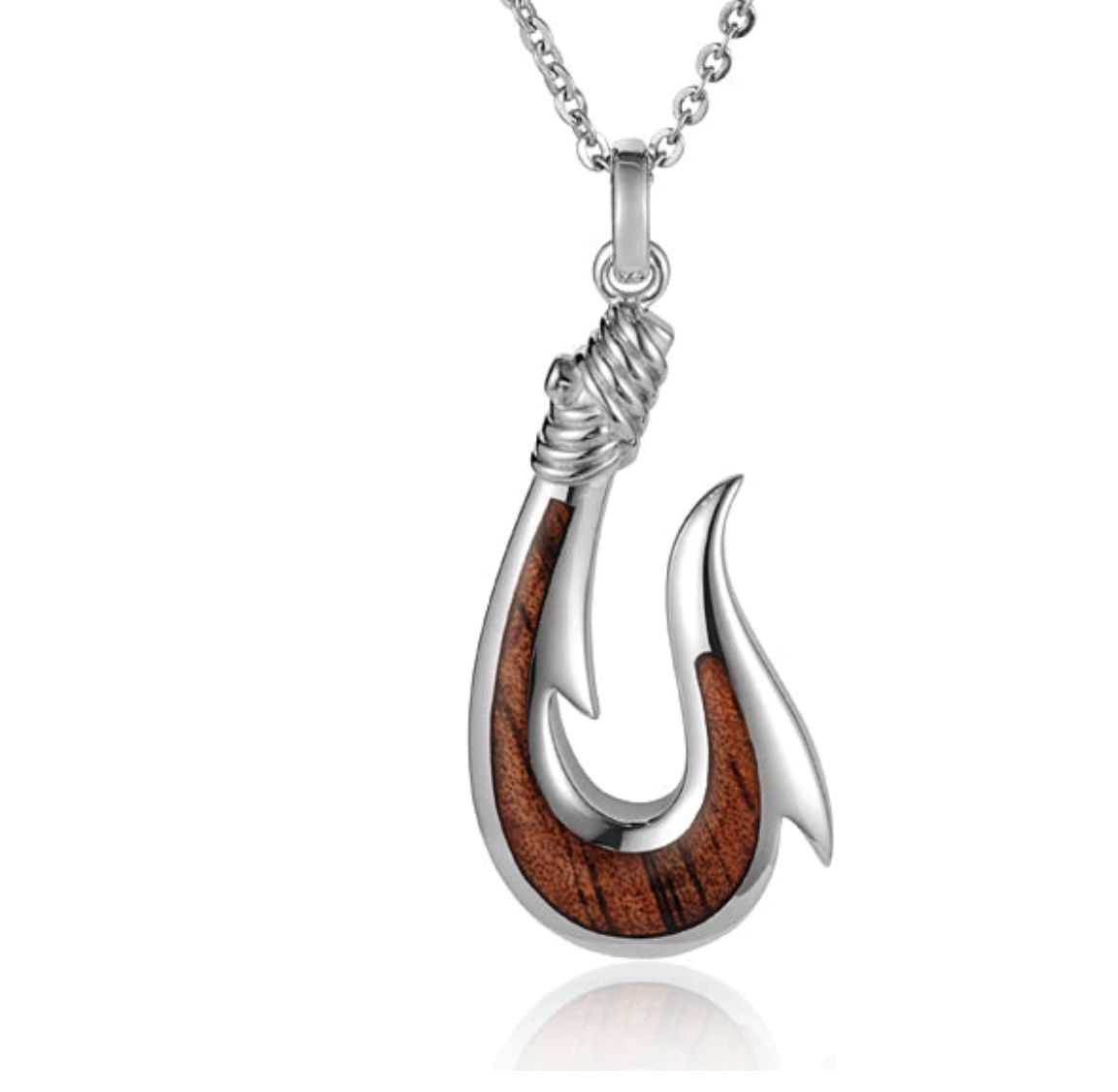 Sterling Silver Fish Hook with Koa Wood Inlay Pendant 