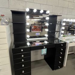 Black 13- Drawer Vanity With Bluetooth Mirror And Shelves