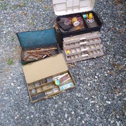 2 TACKLE BOXES. PLANO 4 DRAWER AN SMALL BOX. BOX With WRENCHES 