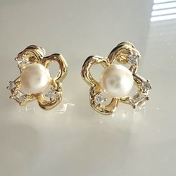 Gold Plated, Freshwater Pearl And CZ Earrings
