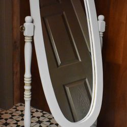 Pastel Oval Standing Wooden Mirror On Center Swivel 