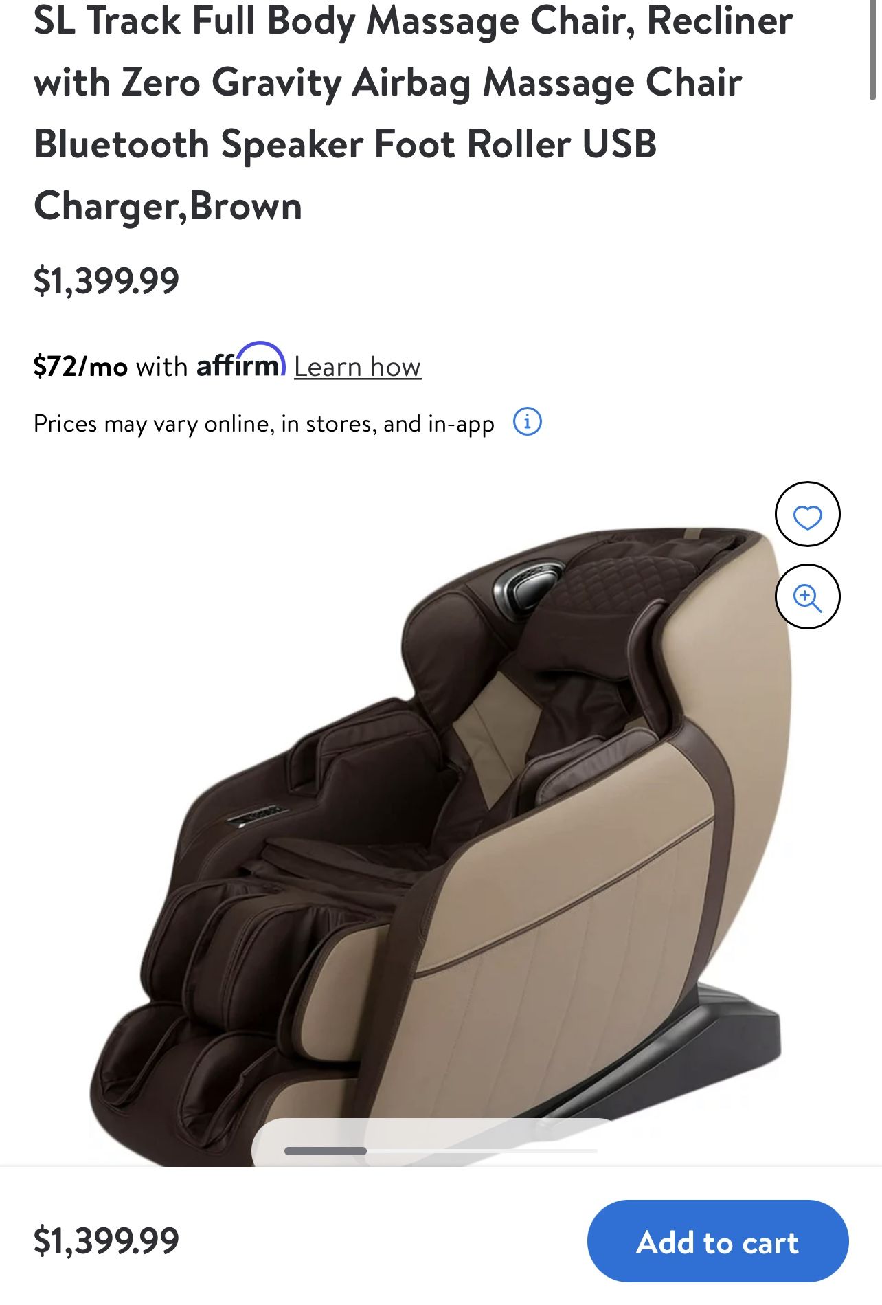 SL Track Full Body Massage Chair, Recliner with Zero Gravity Airbag Massage  Chair Bluetooth Speaker Foot Roller USB Charger,Brown