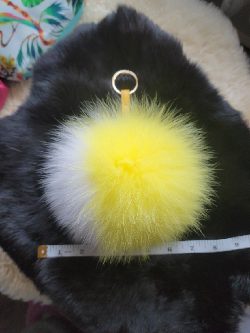 8" Yellow/White Genuine Fur Pom Pom Keychain + Fur Freebies 