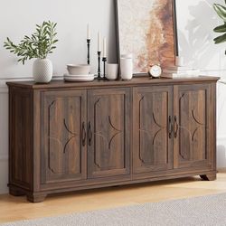 63 Inch Buffet Cabinet with Storage, Large Sideboard Cabinet with 4 Carved Doors, Modern Credenza Storage Cabinets w/Adjustable Shelves for Kitchen, L