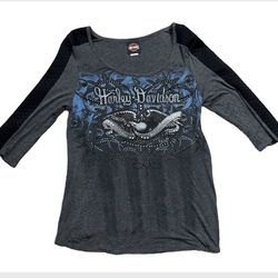 Harley Davidson Women’s Shirt Studs Rhinestones Black Blue Size XL Quilted Arms