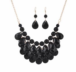 Black Teardrop Bib Necklace and Earring Set
