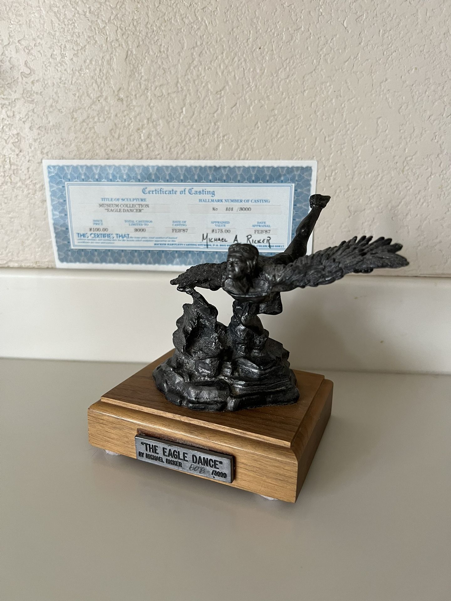 Vintage Michael Ricker “The Eagle Dancer” Pewter Figure With Certificate