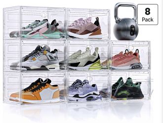 8 Pack Rigid Plastic Clear Stackable Shoe Storage Organizer Boxes, White
Hard Plastic Panel,Acrylic Magnetic Door,XX Large Fit Size 13,For Closet, Ent
