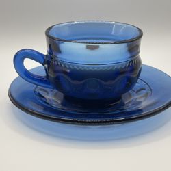 Organic Tallow Beeswax Candle in Vintage Mid-Century Cobalt Blue Indiana Glass Kings Crown Thumbprint Teacup w/ Saucer