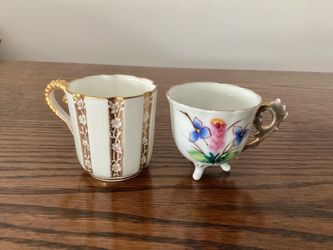 2 Antique Demitasse Miniature Tea Cups Coalport England Gold Accents Hand-Painted Porcelain