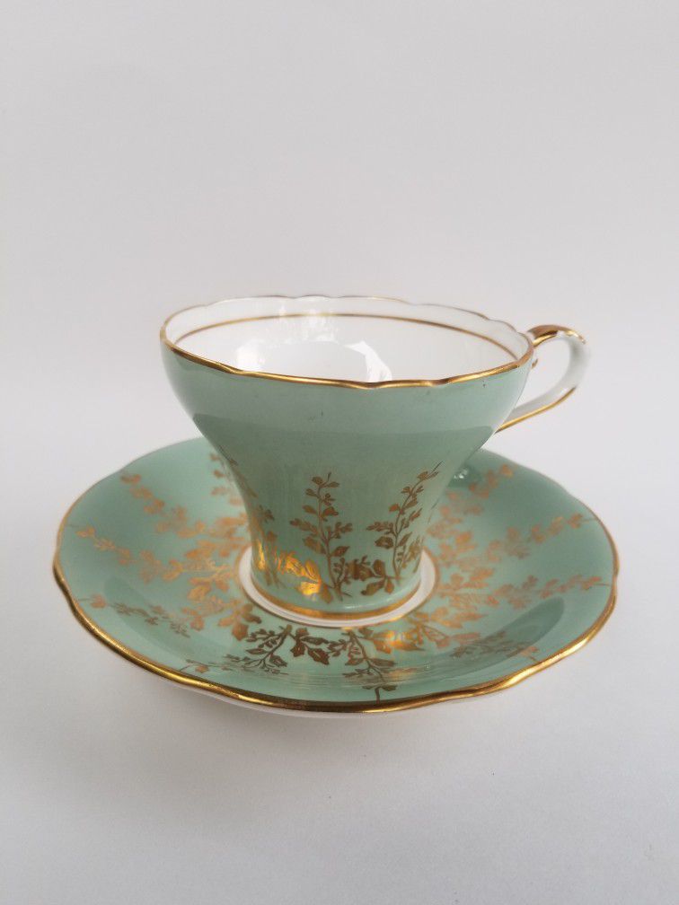 Vtg  AYNSLEY England Tea Cup & Saucer Teal   with GOLD Design Bone China