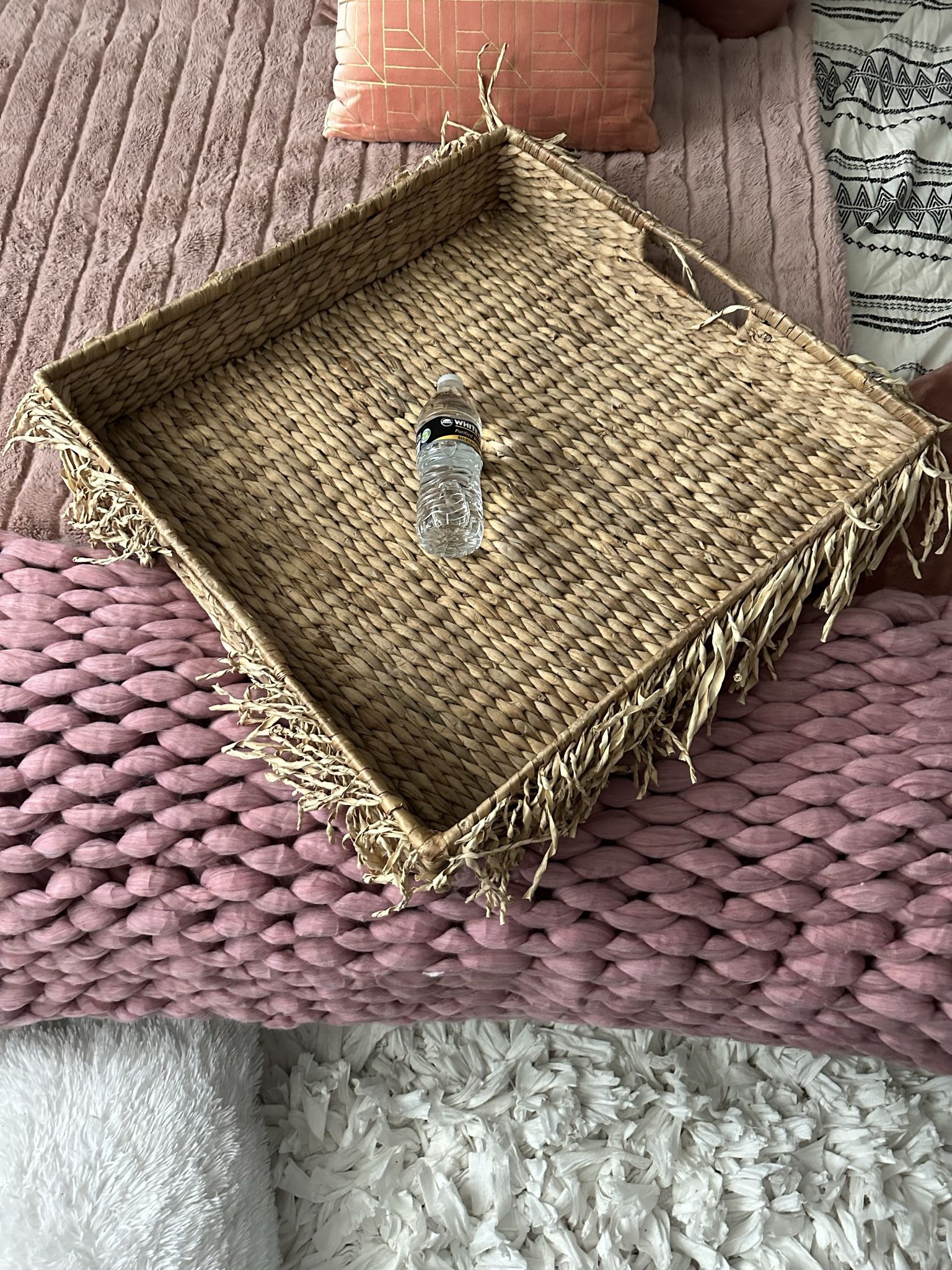 XL Boho Water Hyacinth Tray / Basket With Straw Fringe