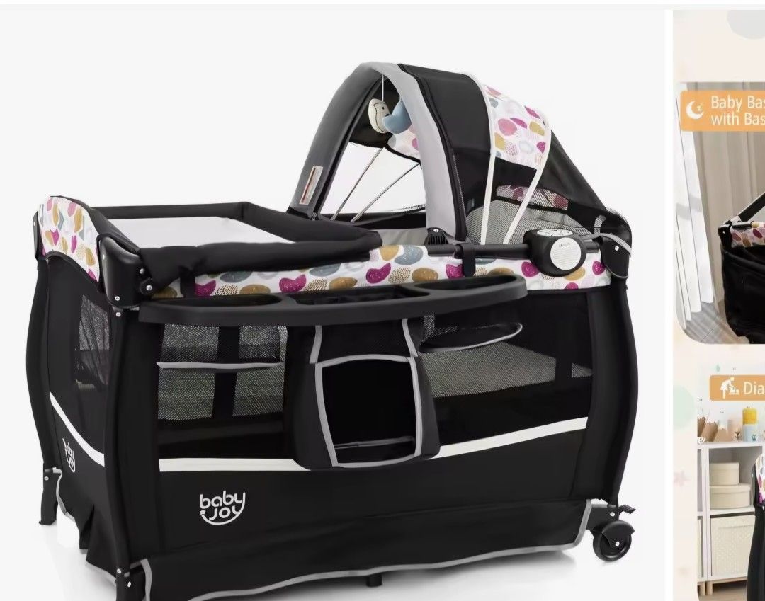 BABY JOY 4 in 1 Pack and Play, Portable Baby Playard with Bassinet & Flip-Away Changing Table, Canopy, Infant Bassinet with Storage Basket, Oxford Bag