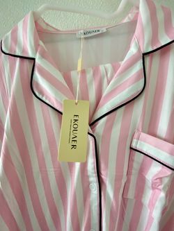 Ekouaer Women's Satin Pajama Set - Pink/White with Black Piping (Size XL) NEW
